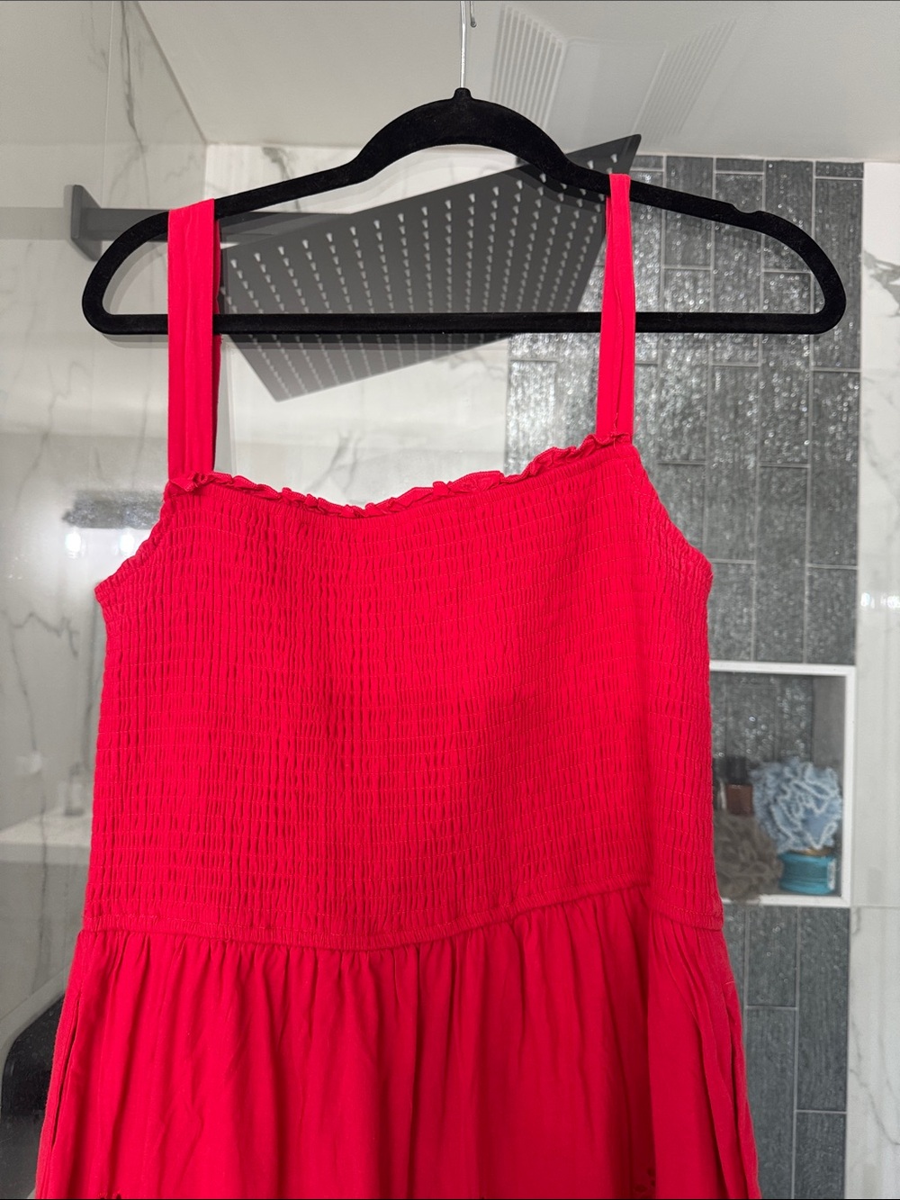 Bright Red Eyelet Maxi Dress with Smocked Bodice - Picture 2 of 4